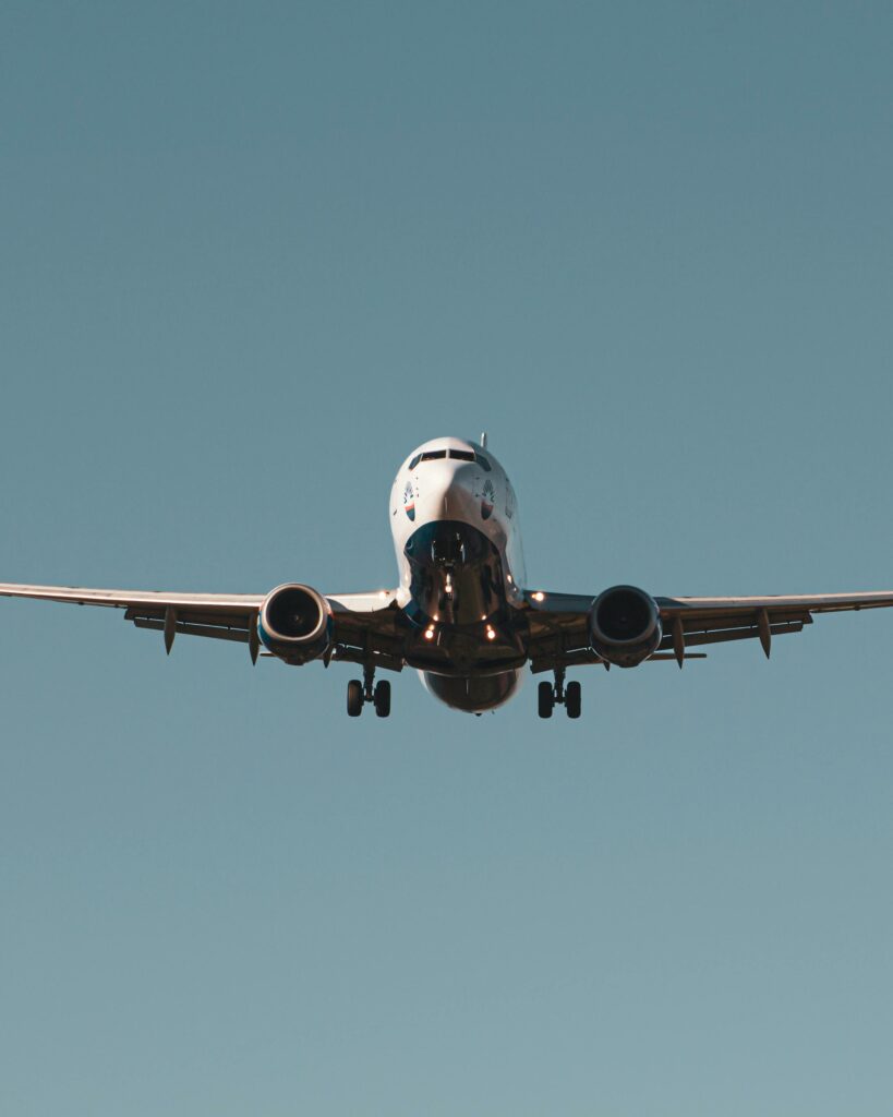 Front view of a commercial airplane landing under a clear blue sky in Adana, Turkey.